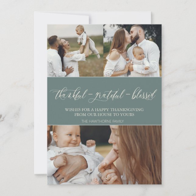 "Thankful Grateful Blessed" Family Picture Holiday Card (Front)