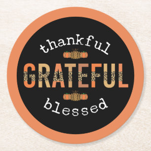 Thankful Grateful Blessed Fun Leopard Print Fall Round Paper Coaster
