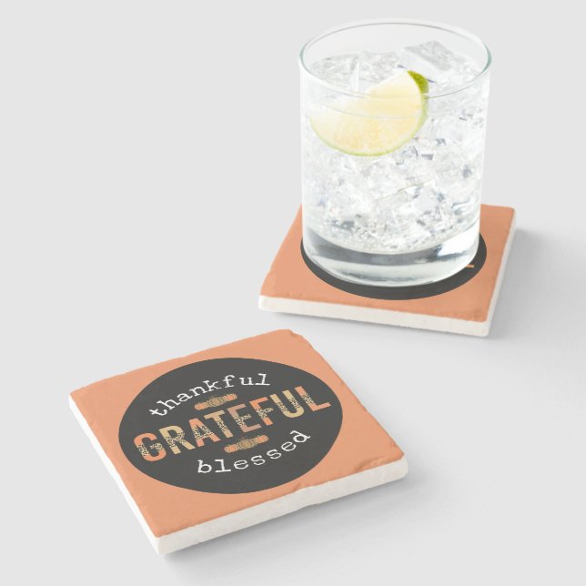 Thankful Grateful Blessed Fun Leopard Print Fall Stone Coaster (Side)