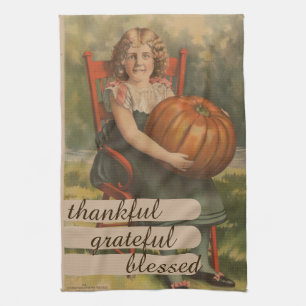Thankful Grateful Blessed Girl with Pumpkin Tea Towel