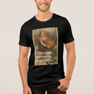 Thankful Grateful Blessed Girl with Pumpkin Tri-Blend Shirt