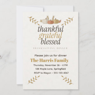 Thankful Grateful Blessed Gold Thanksgiving Invitation