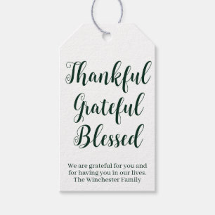 Thankful Grateful Blessed green-script holiday Gift Tags