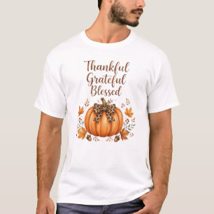Thankful Grateful Blessed Leopard Bow Pumpkin Fall T-Shirt