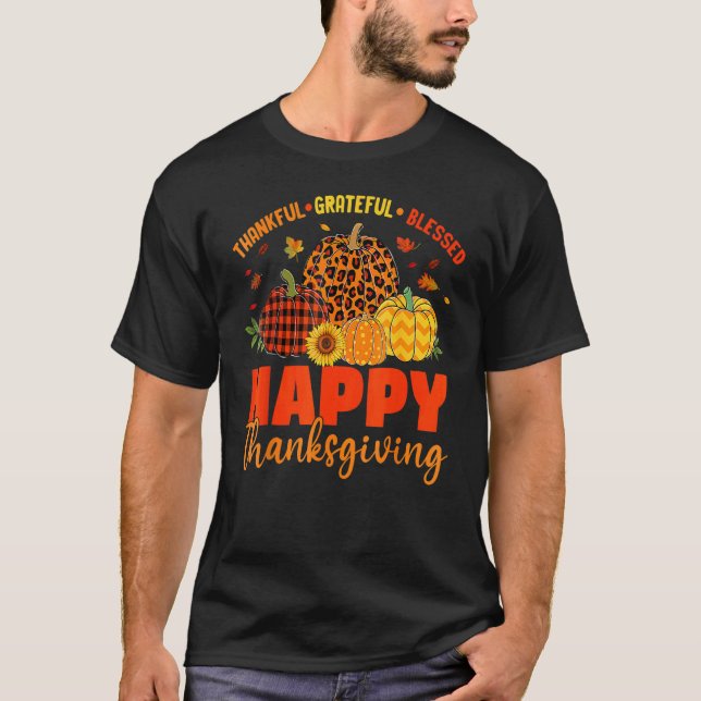 Thankful Grateful Blessed Leopard Plaid Pumpkin Th T-Shirt (Front)