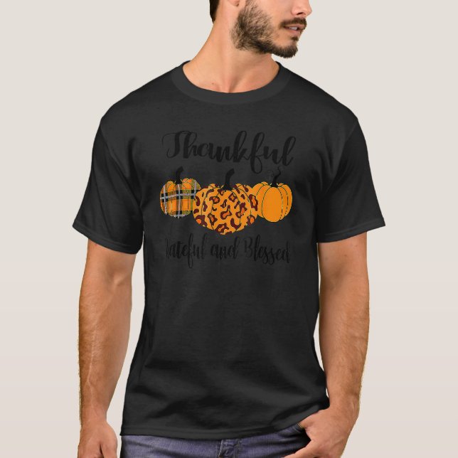 Thankful Grateful Blessed Leopard Pumpkin Thanksgi T-Shirt (Front)