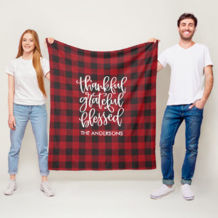 Thankful Grateful Blessed Name Red Plaid Fleece Blanket