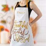 Thankful Grateful Blessed Name Terracotta White Apron<br><div class="desc">Thankful Grateful Blessed Name Orange Terracotta White. Awesome inspirational words to wear for thanksgiving and throughout the year, I n a large elegant script, the words of gratitude Thankful Grateful Blessed in the vibrant colours of fall on a white background which can be changed to another colour if you so...</div>