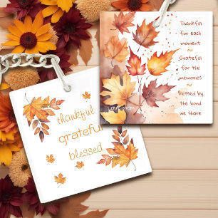 Thankful Grateful Blessed Orange Brown Fall Leaves Key Ring