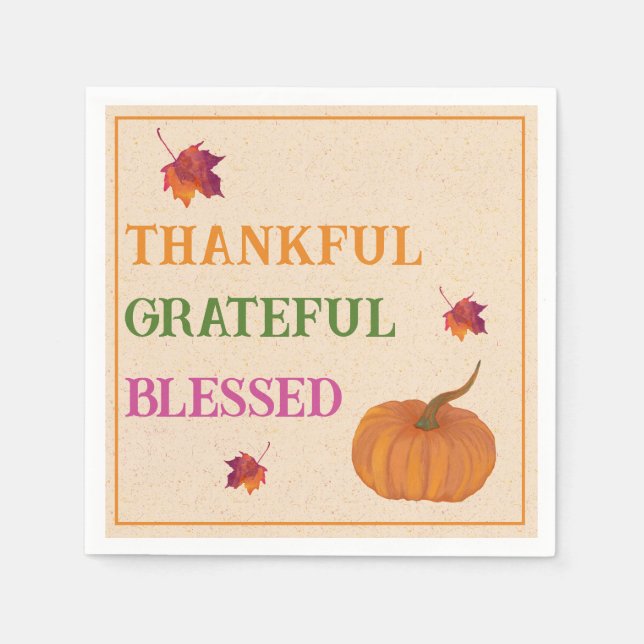 Thankful Grateful Blessed Pumpkin Fall Leaves Napkin (Front)