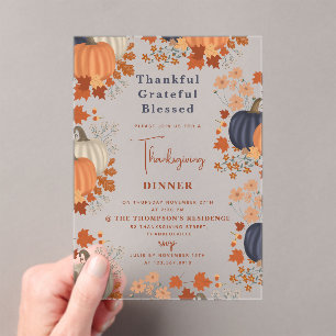 Thankful Grateful Blessed Pumpkin Thanksgiving Acrylic Invitations