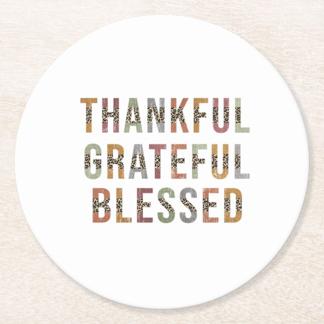 Thankful, Grateful, Blessed Round Paper Coaster (Front)