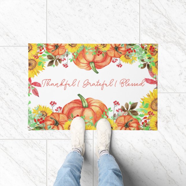 Thankful Grateful Blessed Rustic Pumpkin Floral Doormat (Indoor)