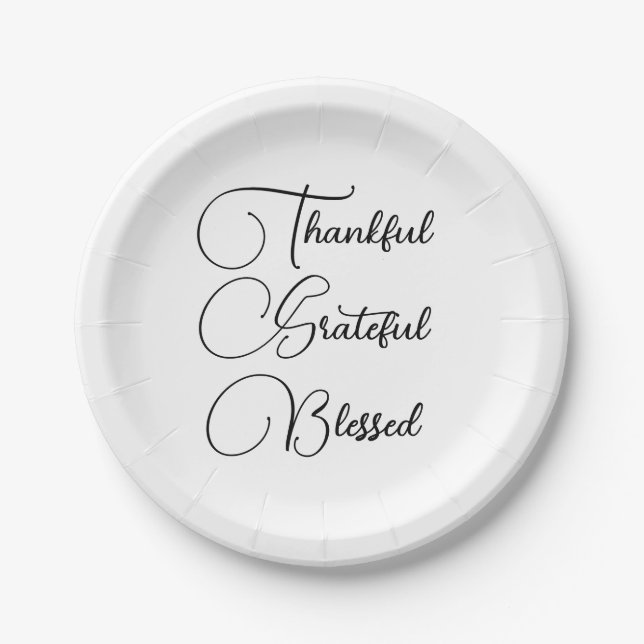 Thankful Grateful Blessed script Thanksgiving Paper Plate (Front)