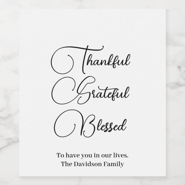 Thankful Grateful Blessed script Thanksgiving  Wine Label (Single Label)