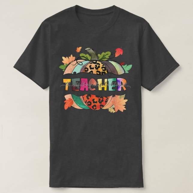 Thankful Grateful Blessed Teacher Pumpkin Leopard  T-Shirt (Design Front)