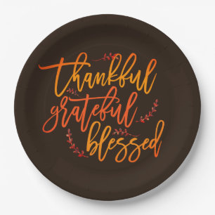 Thankful Grateful Blessed Thanksgiving Dark Brown Paper Plate