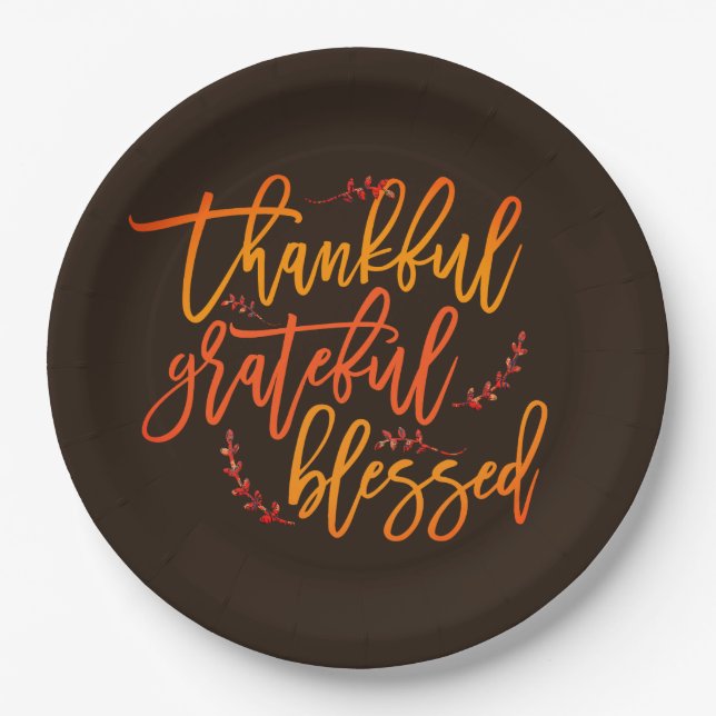 Thankful Grateful Blessed Thanksgiving Dark Brown Paper Plate (Front)