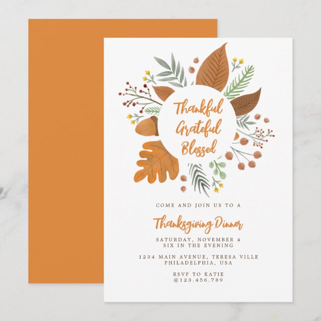 Thankful Grateful Blessed Thanksgiving Dinner Invitation (Front/Back)