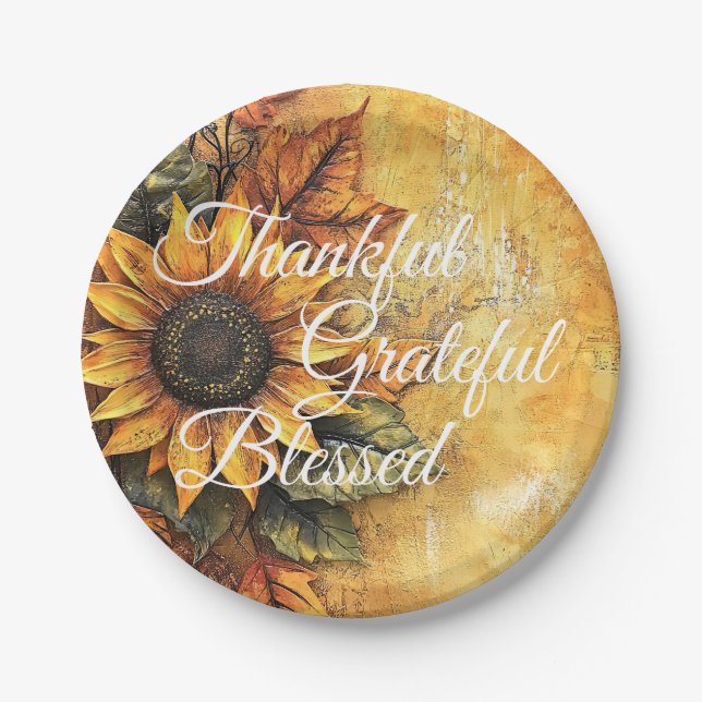 Thankful Grateful Blessed Thanksgiving Fall Autumn Paper Plate (Front)