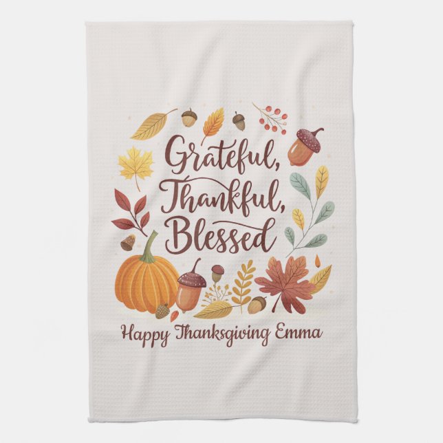 Thankful Grateful Blessed Thanksgiving Fall Tea Towel (Vertical)