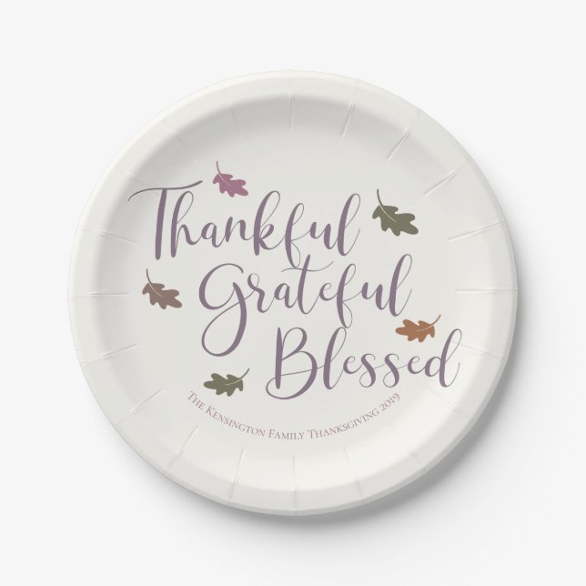 Thankful Grateful Blessed Thanksgiving Leaves Paper Plate (Front)