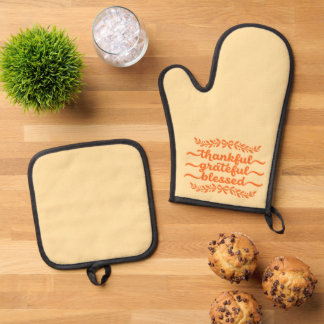 Thankful Grateful Blessed Thanksgiving Oven Mitt & Pot Holder Set