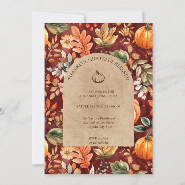 Thankful Grateful Blessed Thanksgiving Party Invitation (Front)