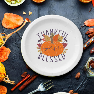 Thankful Grateful Blessed Thanksgiving Pumpkin Paper Plate