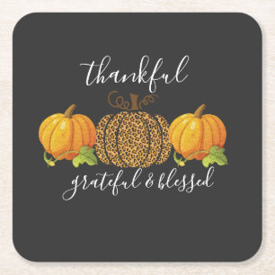 Thankful Grateful Blessed Thanksgiving Pumpkin  Square Paper Coaster