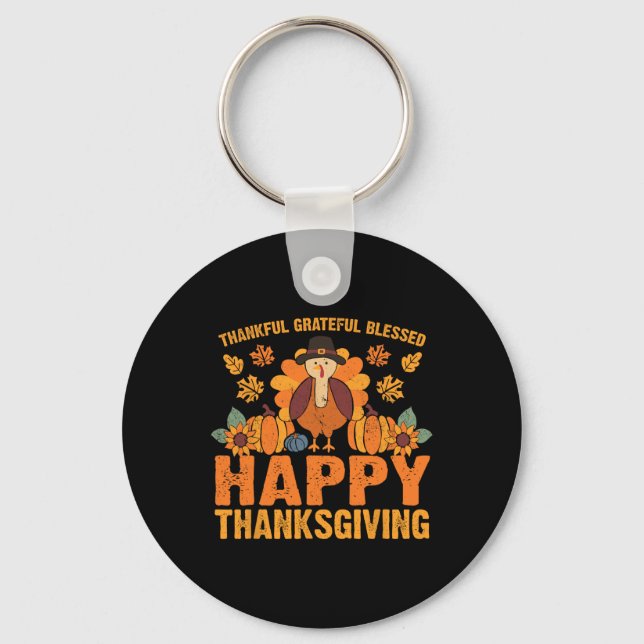 Thankful Grateful Blessed Thanksgiving Turkey Fall Key Ring (Front)