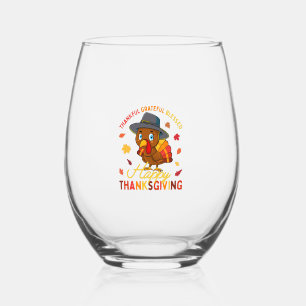 Thankful Grateful Blessed Thanksgiving Turkey Wome Stemless Wine Glass