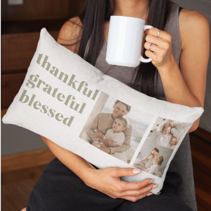 Thankful Grateful Blessed Three Photo Collage Lumbar Cushion