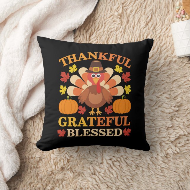Thankful Grateful Blessed Turkey Thanksgiving Cushion (Blanket)
