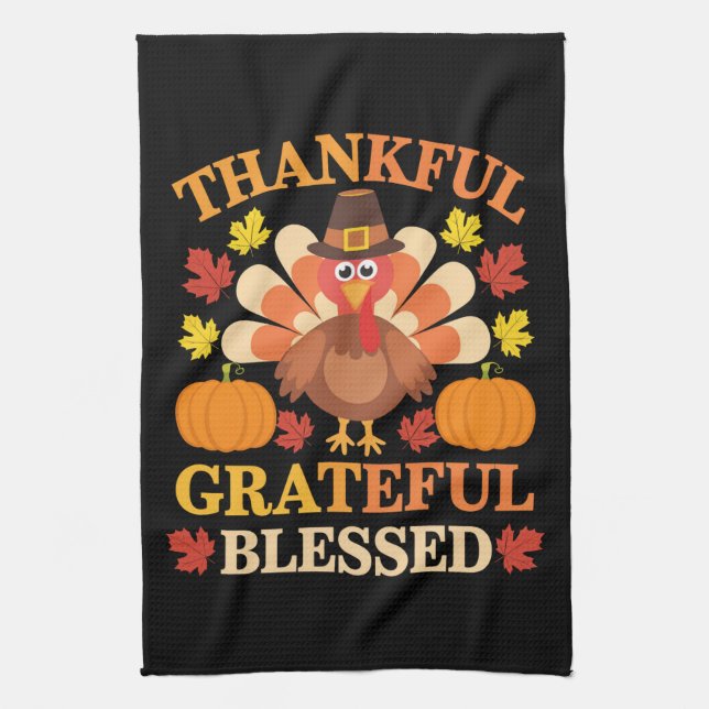 Thankful Grateful Blessed Turkey Thanksgiving Tea Towel (Vertical)