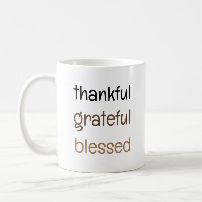 Thankful Grateful Blessed Typography Thanksgiving Coffee Mug (Left)