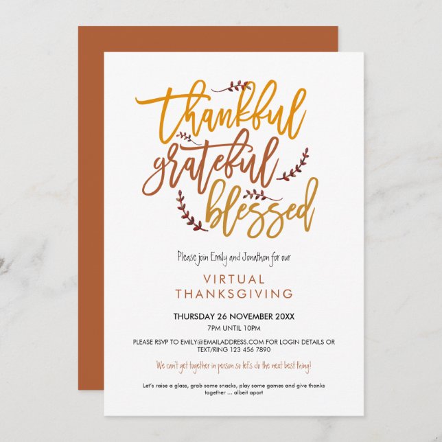 Thankful Grateful Blessed Virtual Thanksgiving Invitation (Front/Back)