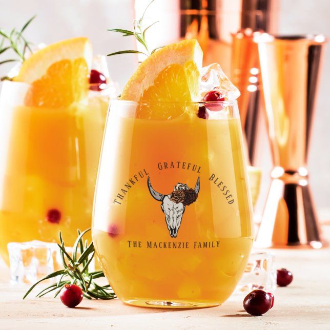 Thankful Grateful Blessed Western Friendsgiving Stemless Wine Glass (Thankful Grateful Blessed Western Thanksgiving Fall Harvest, Cow Skull & Roses. Text & Family Name.)