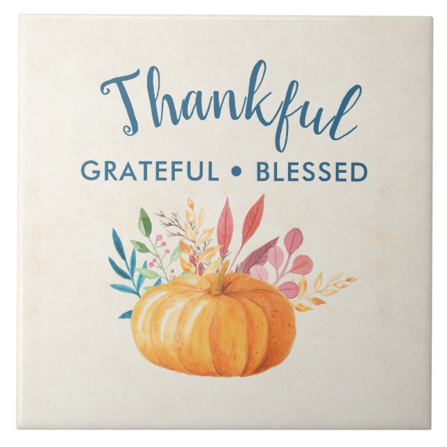 Thankful Grateful Blessed with Orange Pumpkin Ceramic Tile (Front)