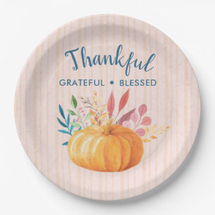 Thankful Grateful Blessed with Orange Pumpkin Paper Plate