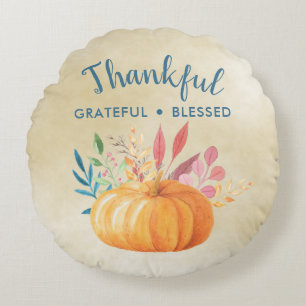 Thankful Grateful Blessed with Orange Pumpkin Round Cushion