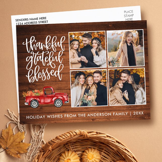 Thankful Grateful Blessed Wood Thanksgiving Truck  Postcard (Customize to change your personalized text size or text style.)