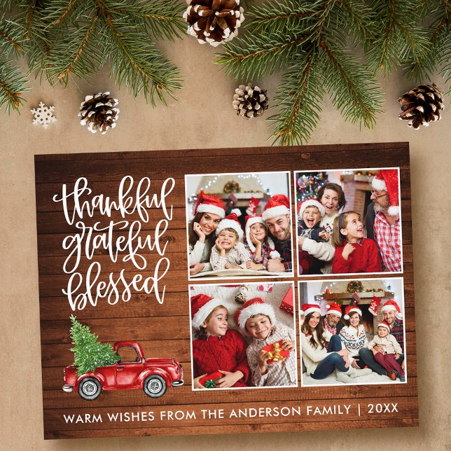 Thankful Grateful Blessed Wood Truck 4 Photo Postcard (Customize to change your personalized text size or text style.)