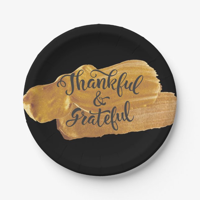 Thankful & Grateful Faux Gold Paint Thanksgiving Paper Plate (Front)