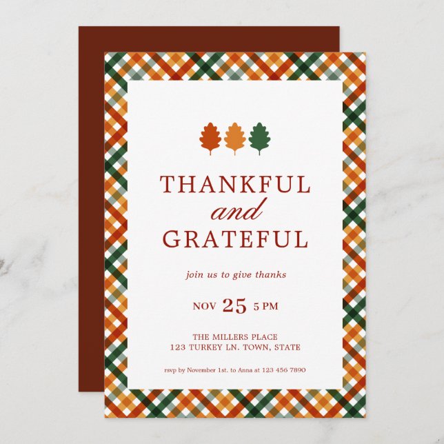 Thankful Grateful Modern Thanksgiving Dinner Party Invitation (Front/Back)