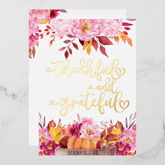 Thankful Grateful Pink Autumn Leaves Pumpkin Foil Holiday Card (Front/Back)
