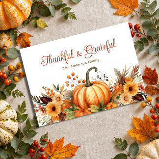 Thankful Grateful Pumpkin Sunflower Thanksgiving Holiday Card