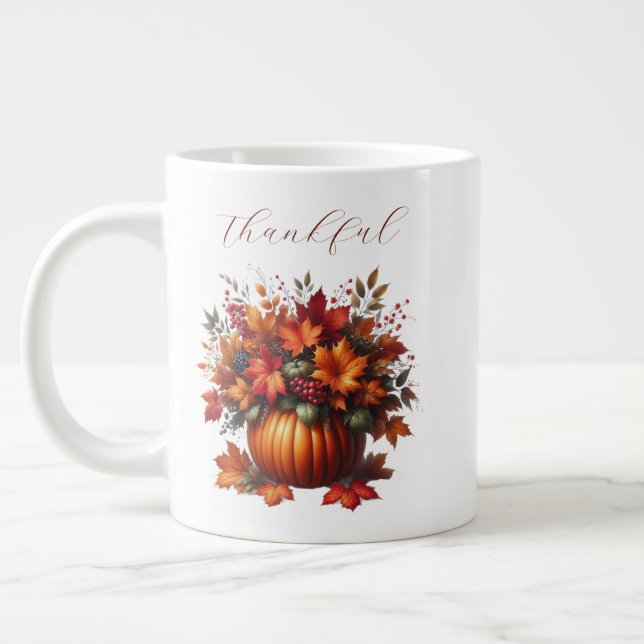 Thankful-Grateful-Pumpkin with Fall Leaves Large Coffee Mug (Left)