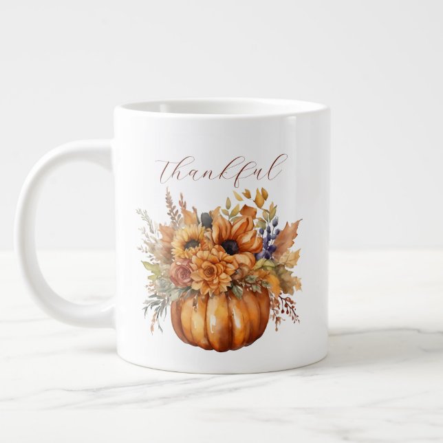Thankful-Grateful-Pumpkin with Flowers- Large Coffee Mug (Left)