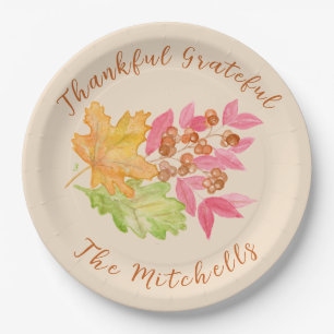 Thankful Grateful Watercolor Leaves and Berries Paper Plate